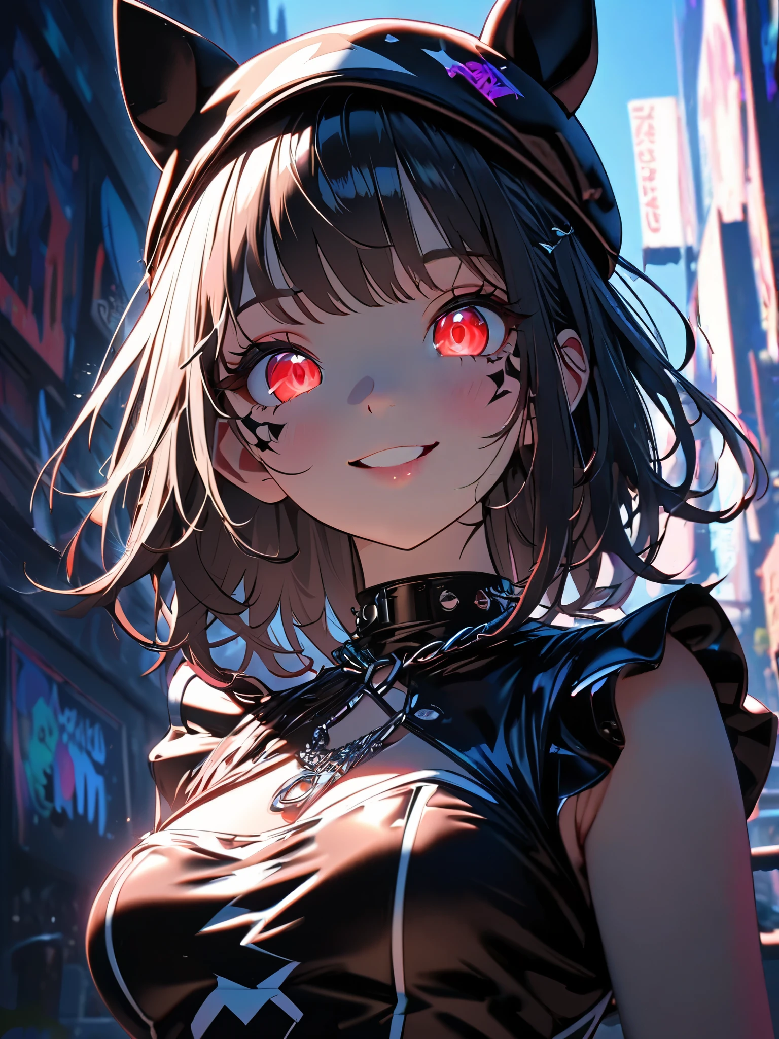 Anime girl with red eyes and black cat ears in a city - SeaArt AI