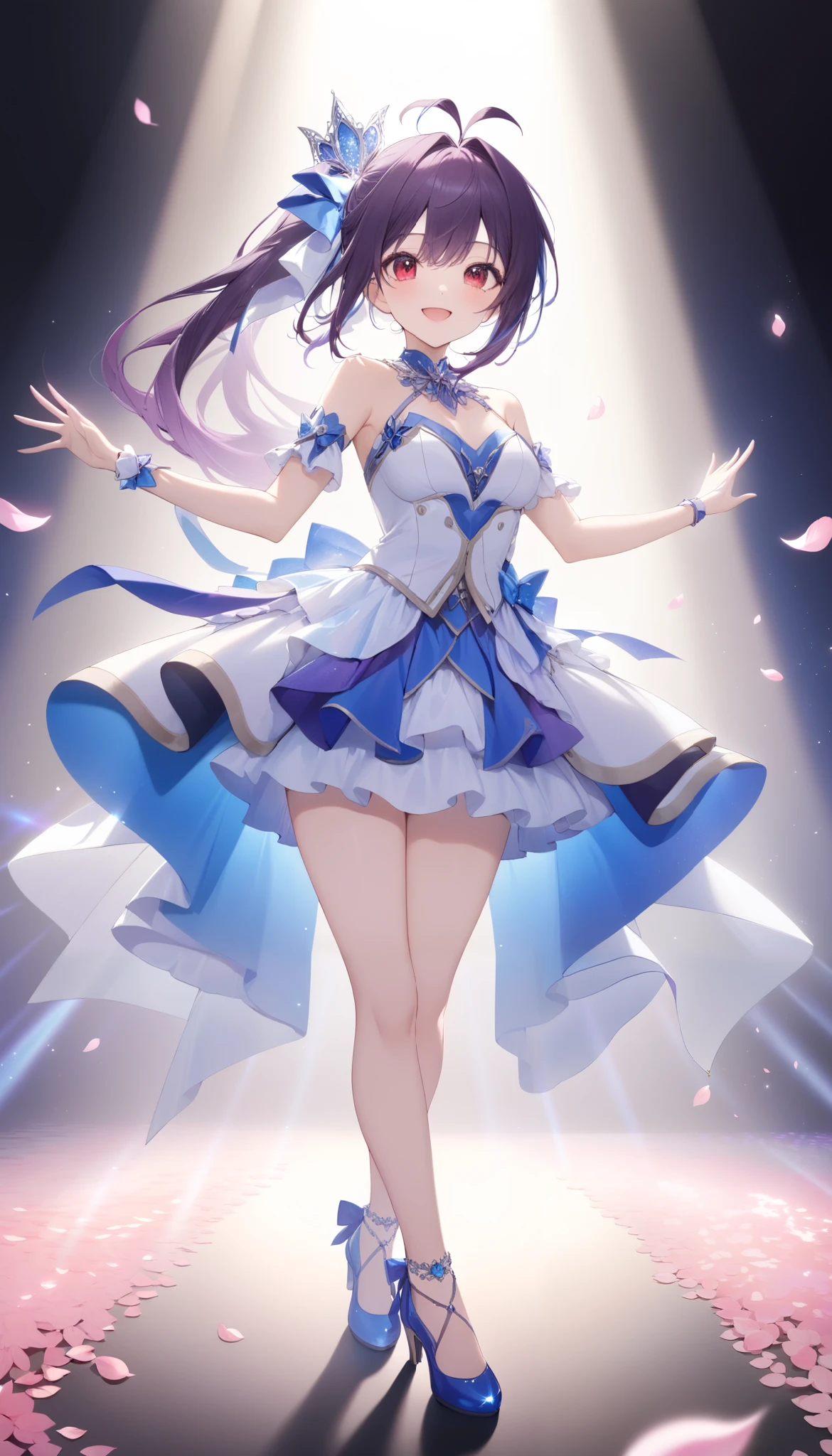 {{masterpiece}}、very detailed hands、 Attention to Details 、(( 1 girl))、 solo full body shot、 Viewers' Perspective 、dance、(smile)、 winks、Cheek、Eye Makeup、((Dark purple hair、antenna hair、 asymmetry　 ponytail、Red eyes:1.3))、gorgeous blue idol costume、Solo Idol、 tiara 、Cute shoes with high heels 、Concert Dome、Live、dynamic pose、 smiling with their mouths wide open、Laser Light、 Spotlight、Tons of petals dancing 、Sparkling effects