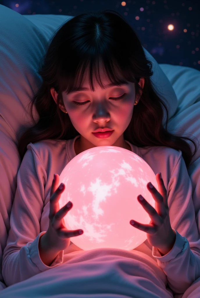  A girl holding a planet in her arms，close up，Shining fluorescent feeling，transparency，Dream， Monet's color scheme ， textured matte， high quality，HD，Rose Red， blue， neon lights ， space background 