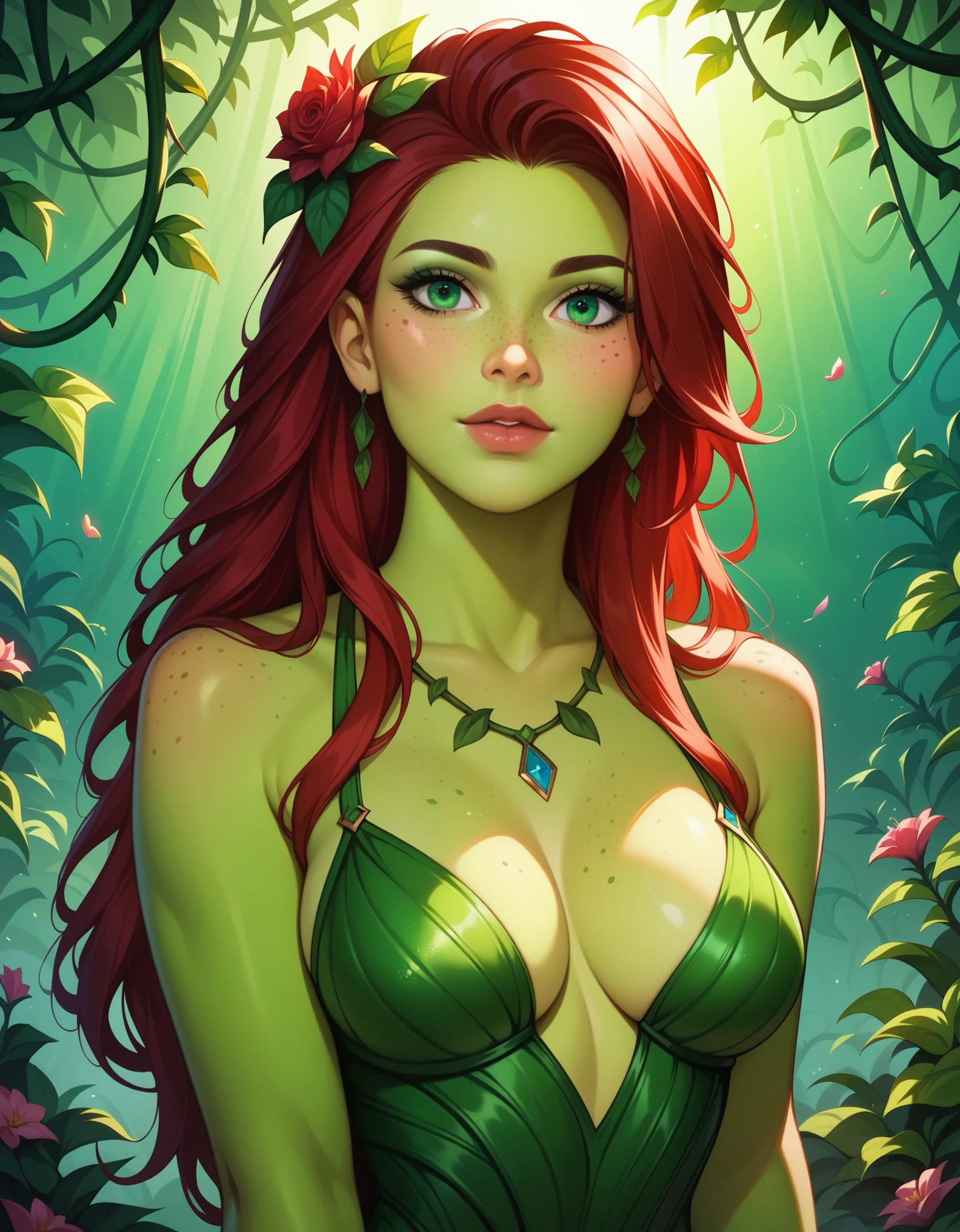 a woman dryad, beautiful eyes, green skin, red hair, fantasy art, colorful, vines growing on body, breasts, 8k, high quality, beautiful lighting, beautiful blue-green eyes, freckles, octane render, realistic, cinematic lighting, dark shadows