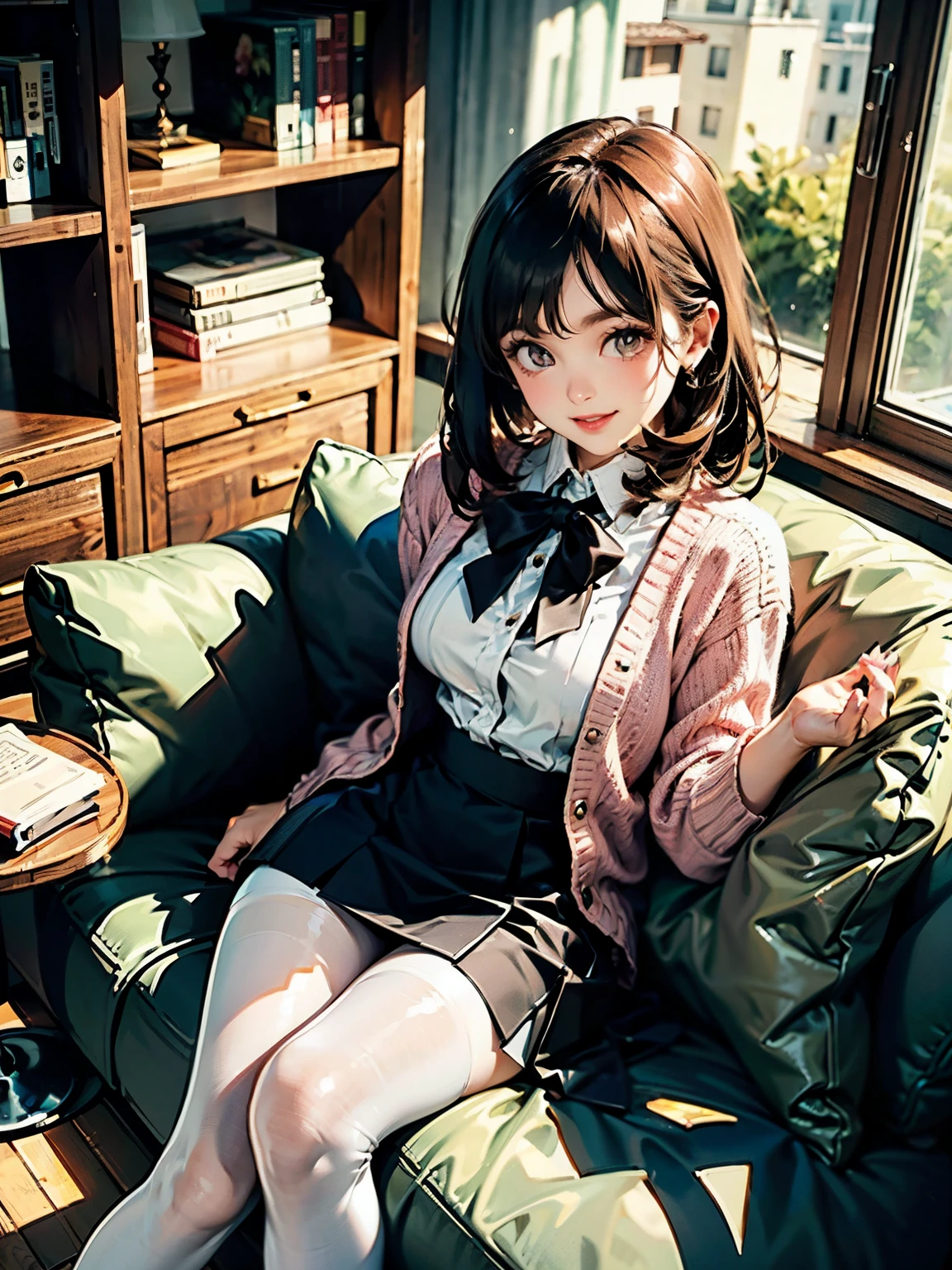 Top quality, 8K, masterpiece, ultra-detailed, beautiful illustration for light novels, from above, ((female smooth face skin)), ((world famous beauty, elegant eyebrow, natural eyelid, female slim eye, female smaller nose, light-pink lips)), wearing light-pink thin cardigan, well-proportioned body shape, skin shadow, a beautiful and refined female college student, remote America collage garden view from high floor cabin window, bokeh, in shiny late summer evening, evening orange rays, elegant wood low table, one glass of mineral water on wooden cabinet, elegant wood bookshelf, wearing traditional skirt on pantyhose, pantyhose on health thighs, sitting on simple couch, high resolution, medium saturation, dark shadow, ((smiling friendly)), looking at viewer, flushed