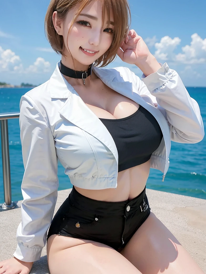 (masterpiece, best quality:1.2), 1girl, (25yo female), solo, solo focus, smile, looking at viewer, sitting, (large full breasts:1.5), choker, cropped jacket, White shirt, black jacket, white shirt, midriff, black shorts, thigh strap, 