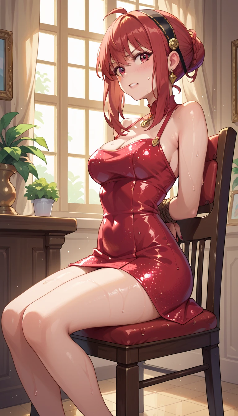 Female spy, bright red glitter mini dress, basement, face enduring pain, sitting in chair, sweaty, wet, arms tied behind back