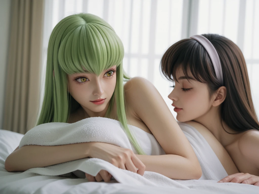 Anime yuri ,  anime woman, CC, Code Geass, long green hair, yellow eyes , taking off transparents towel , on massage room ,  , دقة عالية, عمل رائع, علم التشريح صحيح, دقيق, أفضل جودة, 