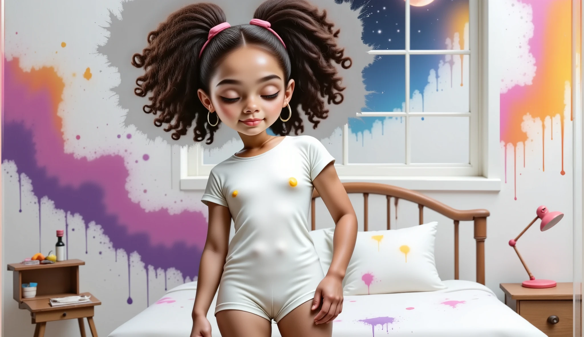 Inspired by Disney Pixar characters and films, create the image of a  girl, beautiful, sensual, provocative, with curly hair of African descent tied in two ponytails at the back, wearing a white t-shirt without any print, very short pink shorts, sexy and attractive white socks up to her knees, and white sneakers, everything white about her is dirty with paint, without exception including her t-shirt and socks, she is 1.35 tall, she is a , but she is sensual, attractive, charming, bold, depraved, she is painting on an orange, red and yellow wall right in the center a beautiful starry night with a comfortable cloud where a baby sleeps wearing lion-themed hooded pajamas. In the background of the cloud we have a sky full of stars and a breathtaking full moon. She paints a realistic picture of a baby in angel-themed pajamas, with wings and an areola on the hood. The sky and the moon are also realistic around this huge wall inside this girl's room painted in purple, lilac and pink, with LED lights decorating the low lighting suitable for those who are going to sleep. The girl's white bed with a rainbow theme is under a huge window that highlights the light of the stars and the moon on a breathtaking night. The whole image has a light touch of pop art, urban interventions like Romero Brito, Andy Warhol and Banksy, all converted into a ish and youthful look.