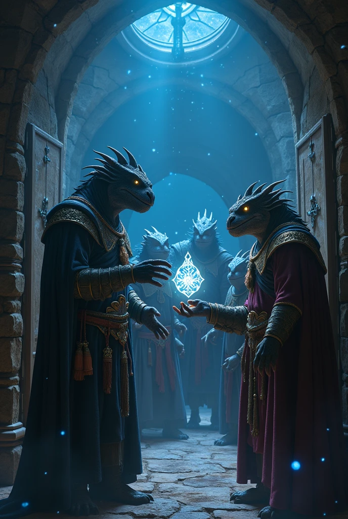 Card Game arena, two players stand by a huge game table, fantasy Combat creatures call by futurism cards, (best quality, masterpiece), intricate details, ultra-detailed, vivid colors