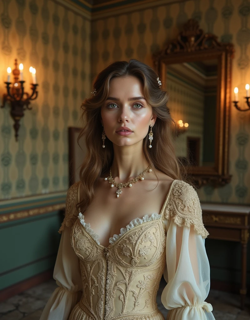 A full-color high-fashion editorial set in a decayed yet majestic ballroom. The medium shot captures the model slightly off-center, framed by peeling wallpaper, cracked mirrors, and flickering candelabras. She wears a vintage-inspired couture gown with intricate lace and brocade in muted cream and gold tones, paired with antique jewelry. Her hair flows in soft, natural waves, with small pearl accents scattered throughout. Makeup is ethereal, with rosy cheeks, softly shimmering eyelids in pale pink, and natural lips, evoking a dreamy yet melancholic expression. The lighting is warm and moody, casting soft golden highlights on the model and creating deep, textured shadows across the aged background. The atmosphere feels nostalgic, with a sense of timeless elegance and a hint of haunting beauty