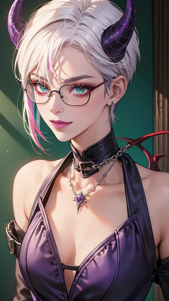 8k, masterpiece, best quality, highly detailed, 1 girl, tiefling, warlock, pixie cut, multicolored hair, very short straight hair red highlight hair on white hair, strippled hair, wearing glasses, round glasses, earrings, navel piercing, red eyeshadow, long eyelashes, blushed cheek, red lips, necklace, rings, collarbone, mole on face, glamorous, teal and purple clothes, miniskirt, smirk, close up view, rings, looking at viewer, demon horns, solo, blue pale moon, standing, royal dress, devil books.