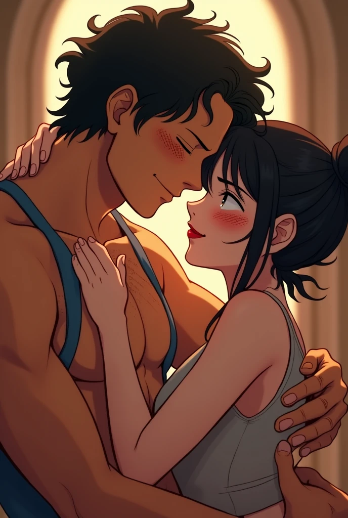 art by Eiichirio Oda, moonlit night, hotel room, dark ambient, nico robin wearing a very short party dress which is chest revealing, nico robin's dress is falling from shoulder, nico robin is held against the wall by luffy, they are kissing each other