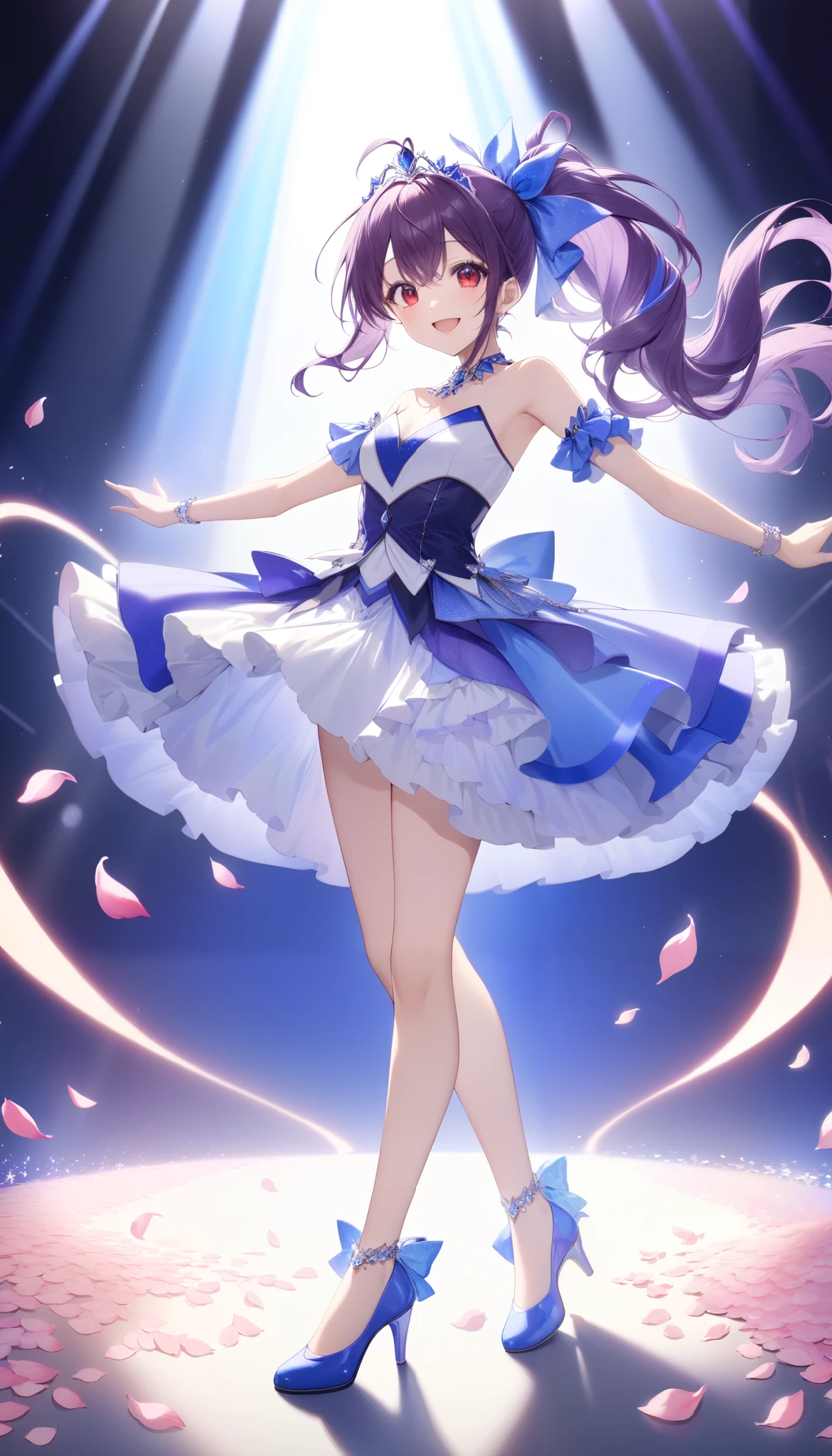 {{masterpiece}}、very detailed hands、 Attention to Details 、(( 1 girl))、 solo full body shot、 Viewers' Perspective 、dance、(smile)、 winks、Cheek、Eye Makeup、((Dark purple hair、antenna hair、 asymmetry　 ponytail、Red eyes:1.3))、gorgeous blue idol costume、Solo Idol、 tiara 、Cute shoes with high heels 、Concert Dome、Live、dynamic pose、 smiling with their mouths wide open、Laser Light、 Spotlight、Tons of petals dancing 、Sparkling effects