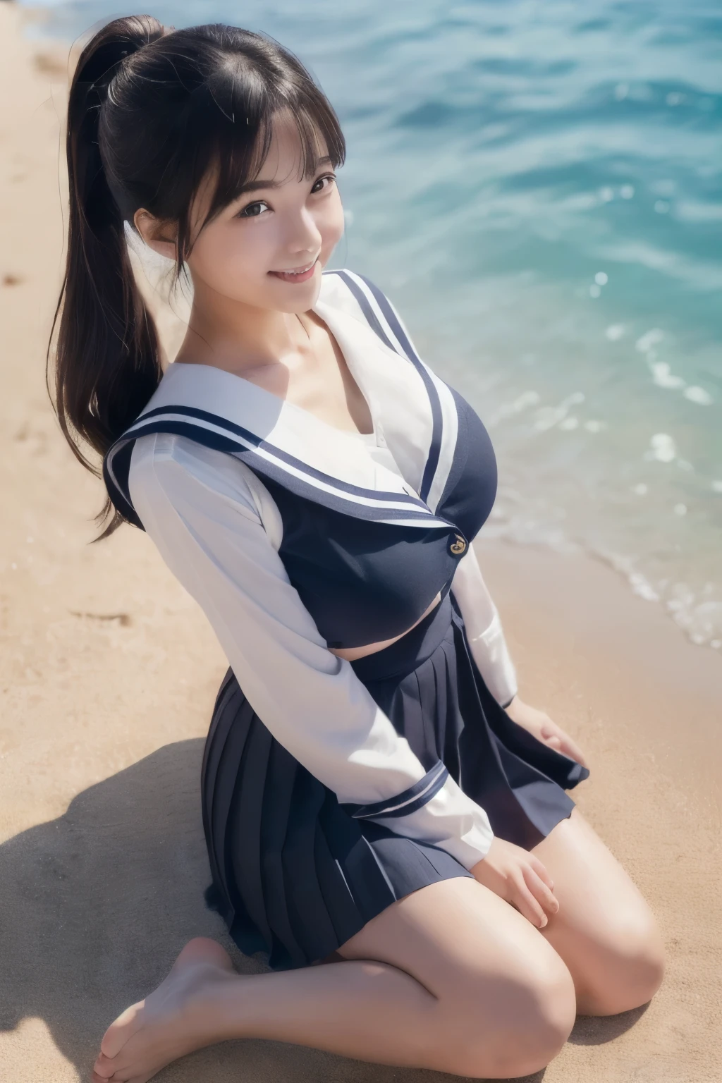 1girll,twintails,beach,White sailor suit and short skirt,16-year-old female model,smile