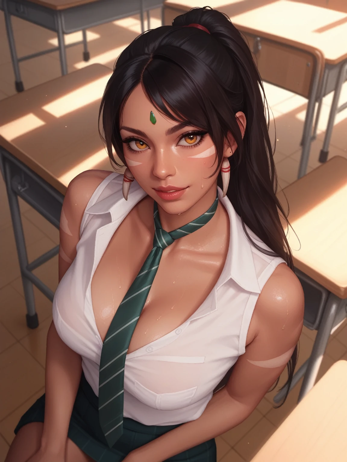 above angle, realistic, naughty girl like Nidalee, attractive facial, necktie, sweaty, in the classroom, evening light,