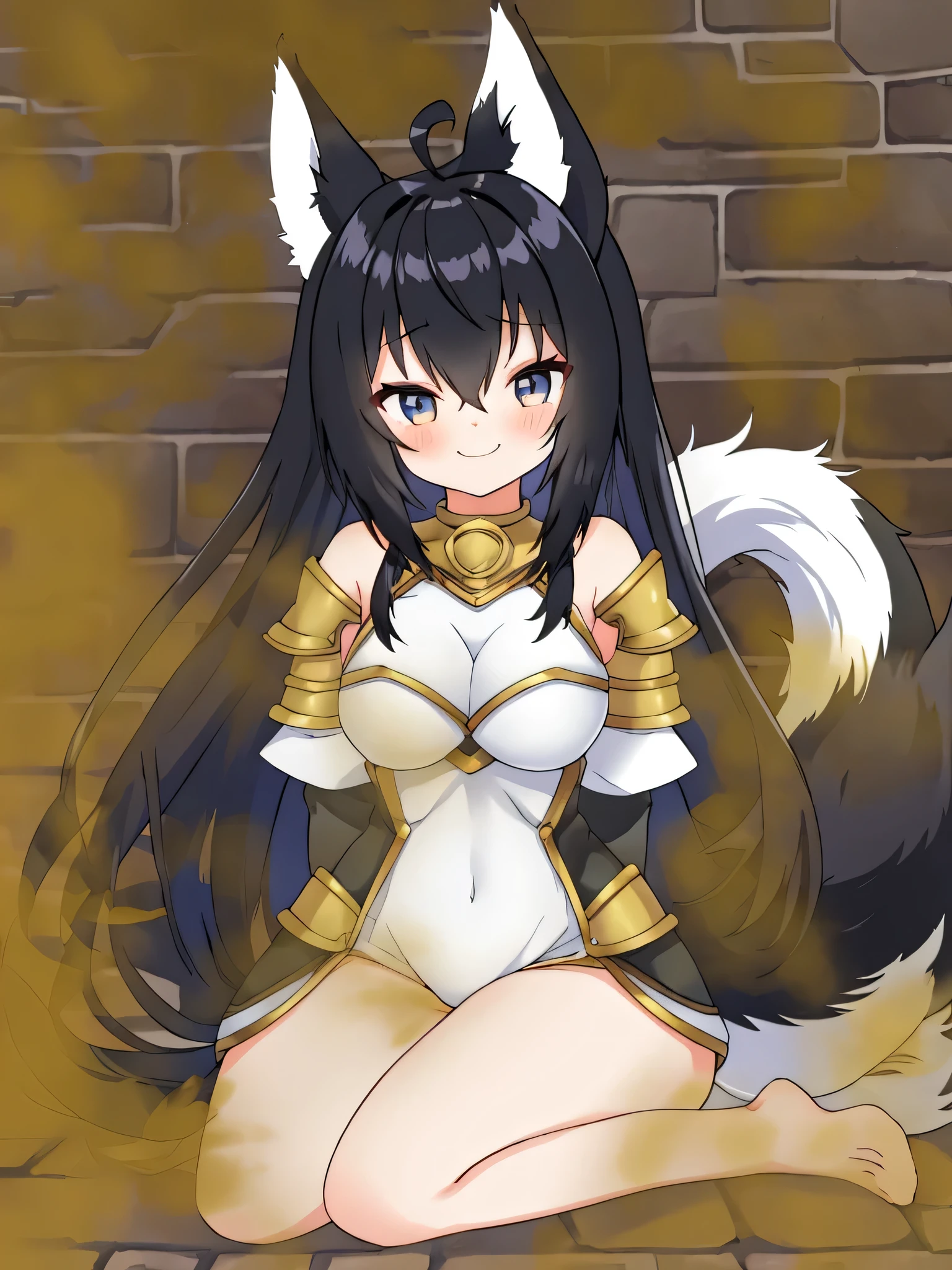 1girl, solo, masterpiece, anime, indoors, dungeon, lighty armor, shoulder armor, black hair, long hair, fox ears down, skunk tail, ahoge, hair flaps, shy, hair over eyes, sitting on a bubble smile