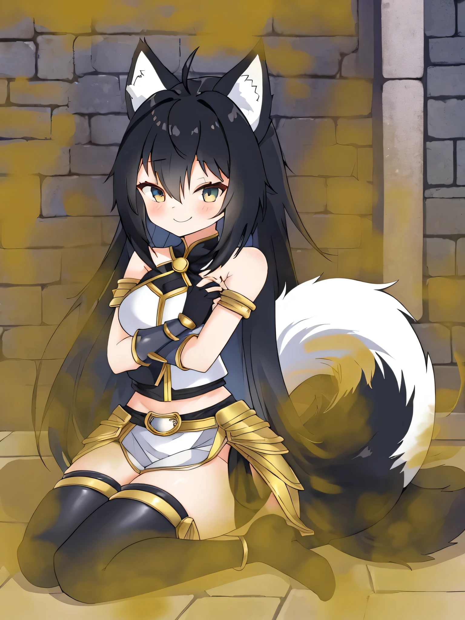 1girl, solo, masterpiece, anime, indoors, dungeon, lighty armor, shoulder armor, black hair, long hair, fox ears down, skunk tail, ahoge, hair flaps, shy, hair over eyes, sitting on a bubble smile