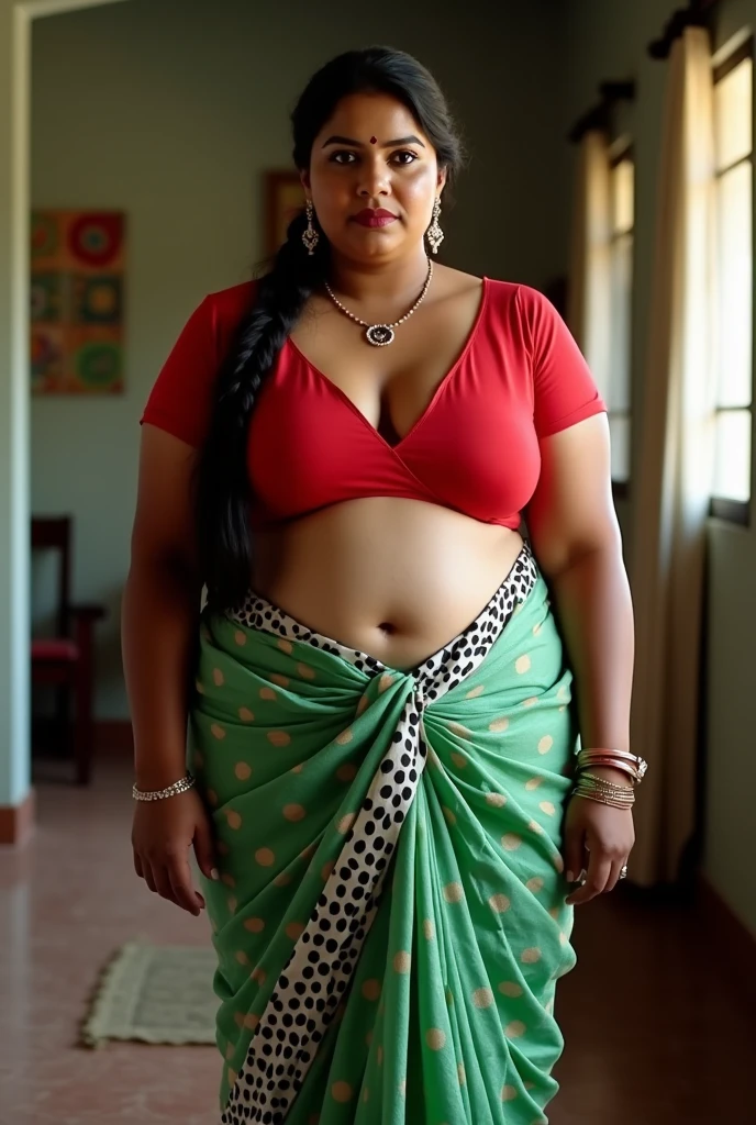 (RAW photo, natural lighting, best quality:1.15) Indian woman Nisha, wearing colorful saree blouse, 20 years old, (chubby cheeks:1.1), (curvy body:1.2), (flat belly), (eyeglasses), (bindi), An Indian beauty, charismatic, dark Indian- skin, view the viewer, naughty smile, Indian slums, (detailed facial features)