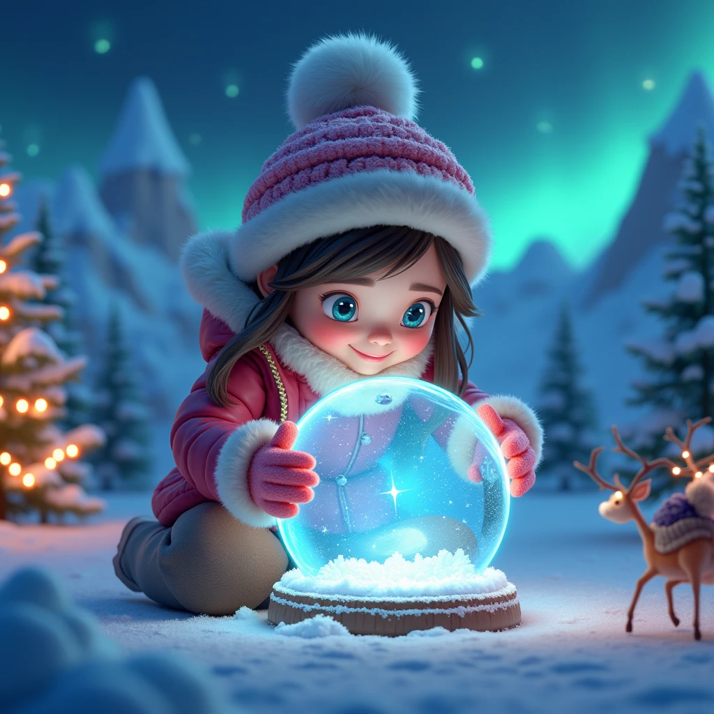  Crystal Ball Close-up of a Cat Visible Snow Northern Lights and Snowy Mountains, Reindeer Christmas Trees , New Year&#39;s garlands,  Very Beautiful The Girl Looks in Her Hands and Looking into the Crystal Ball ,  A girl in a hat with a bubon and Warm Fur Gloves in a warm jacket and pants ,  Cartoon Beautiful Breathtaking , style cartoon, 8 k,