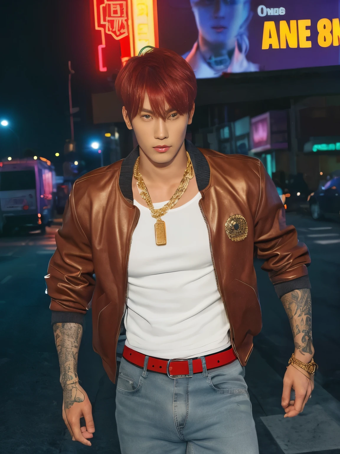 (Detailed face:1.3), 8k, photorealistic, best quality, (insanely detailed:1.3), Korean Pop Idol, very handsome Korean man, tattoos, very muscular, prominent veins, abs, very tall, (very tanned skin:1.3), (huge bulge crotch:1.4), bangs, red hair, short hair, black bomber jacket, tight white t-shirt, dark gray ripped skinny jeans, standing with arms crossed, heavy gold chain, looking at viewer,cowboy shot, pov, neon-lit street with billboards, urban night scene
