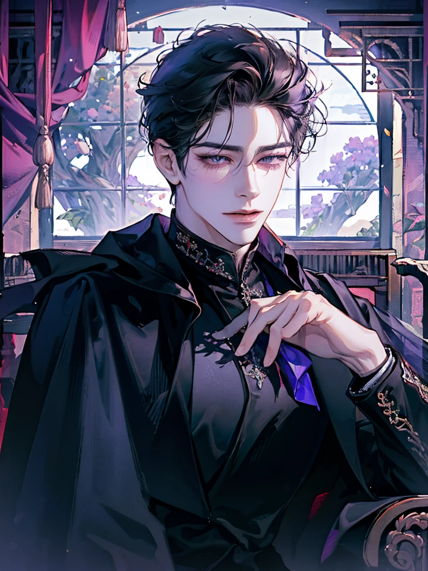 masterpiece,  best quality by the window,  detailed face,  realistic, 10,000, mature male,  handsome young man, Smiling, whole body, extremely  detailed face,  cold and sarcastic , (( dark purple eyes )), ((Black hair swept to the right , long hair flowing down the shoulders)), [ thick eyes black ], On the throne , (( Long Black Cloak )),  anatomically accurate , Highest resolution,  high resolution model, Perfect Hands, Emperor costume ,  white shirt, Royal, nobility, Looking for a strap , Warm colors, Sunshine, bright background