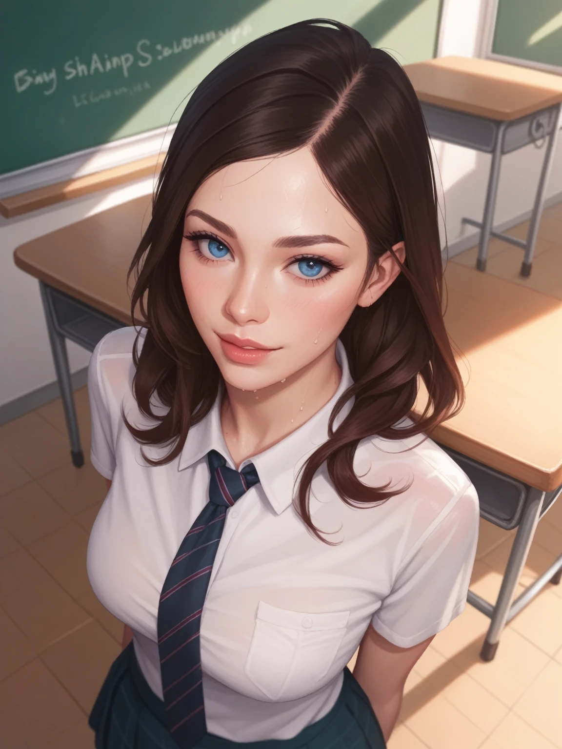 above angle, realistic, naughty girl like Orianna, attractive facial, necktie, sweaty, in the classroom, evening light,