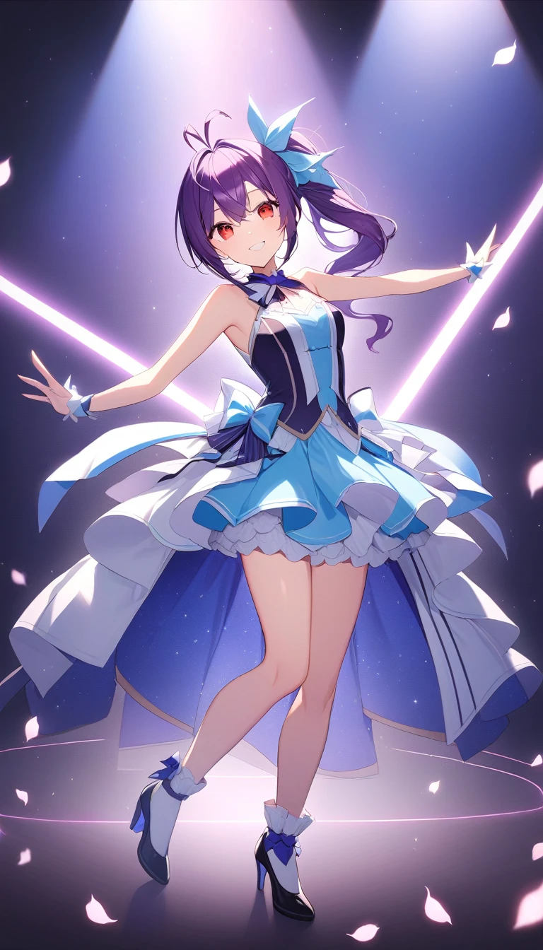 {{masterpiece}}、very detailed hands、 Attention to Details 、(( 1 girl))、 solo full body shot、 Viewers' Perspective 、dance、(smile)、 winks、Cheek、Eye Makeup、((Dark purple hair、antenna hair、 asymmetry　 ponytail、Red eyes:1.3))、gorgeous blue idol costume、Solo Idol、 tiara 、Cute shoes with high heels 、Concert Dome、Live、dynamic pose、 smiling with their mouths wide open、Laser Light、 Spotlight、Tons of petals dancing 、Sparkling effects