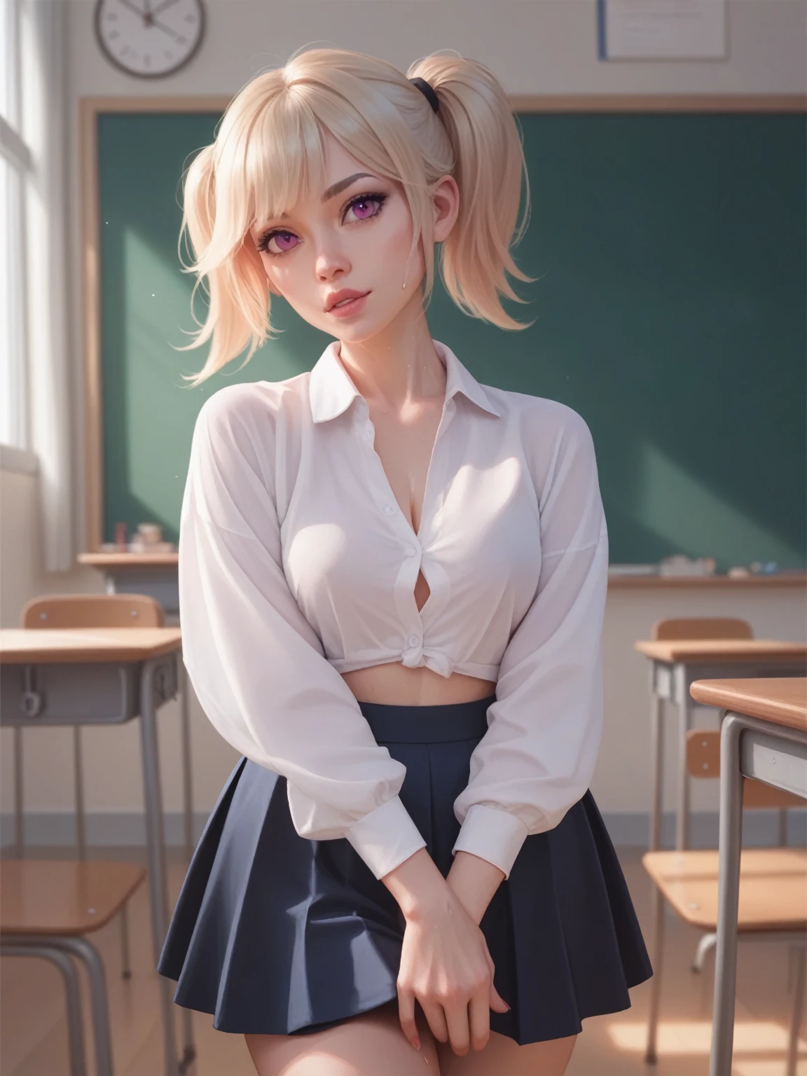 fit angle, realistic, neatly girl like Poppy, arrogant facial, skirt, sweaty, in the classroom, evening light,