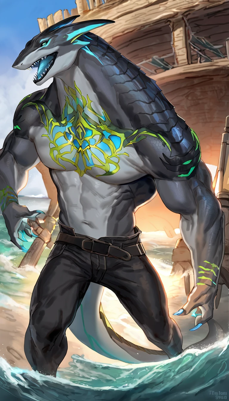 (masterpiece, best quality), 1male wearing micro thong  ((black micro-thong:dragon_pattern_design_thong)), bio-luminescent_water_world, wide angle, athletic male_body, shinny_skin, shirtless, flat chest, silver eyes, green hair styled in spikes, big mane, determined expression, small waist, broad chest, muscular, illustration, watercolor, ink sketch, ((extremely detailed, extremely detailed legs, extremely detailed arms, extremely detailed face, perfectly detailed eyes, perfectly detailed anatomy))