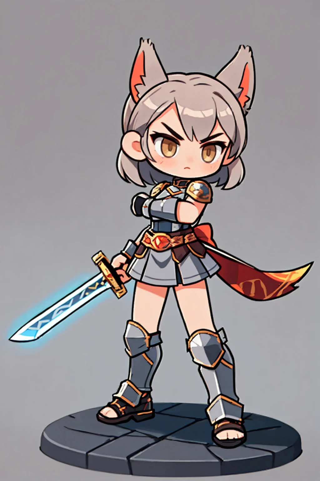 A female warrior wields a sword  ,   Medieval Iron Armor ,  Costume Color Gray, Natural background. ivory hair  ,  cat ears , brown eyes ,  Hero landing moves with a sword,   Battle Sword  . Aggressive posture  