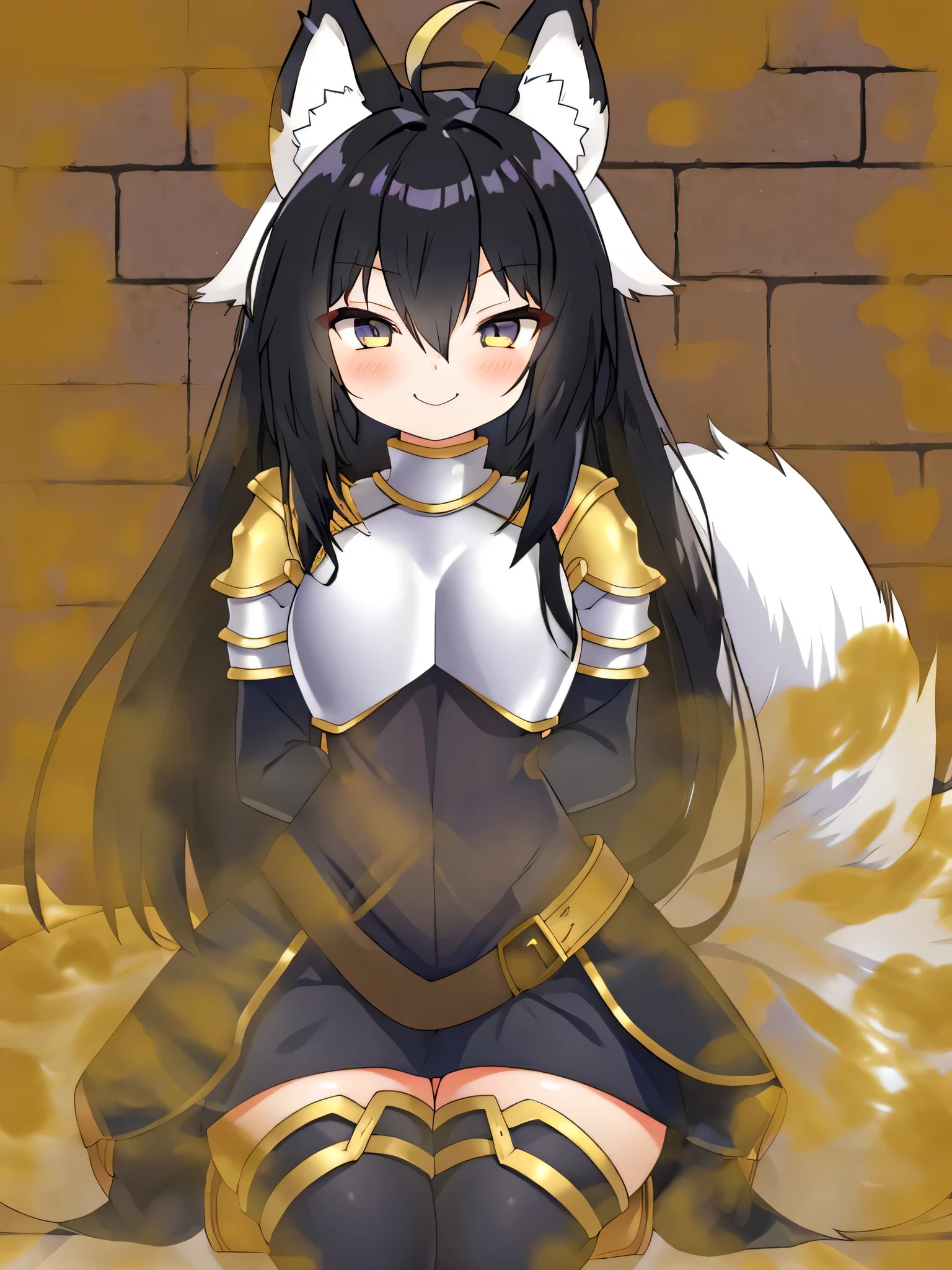 1girl, solo, masterpiece, anime, indoors, dungeon, lighty armor, shoulder armor, black hair, long hair, fox ears down, skunk tail, ahoge, hair flaps, shy, sheepish smile, shy smile, hair over eyes, sitting on a bubble smile