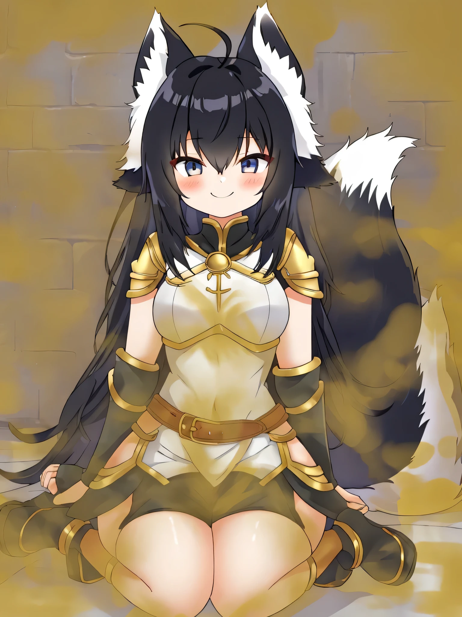 1girl, solo, masterpiece, anime, indoors, dungeon, lighty armor, shoulder armor, black hair, long hair, fox ears down, skunk tail, ahoge, hair flaps, shy, sheepish smile, shy smile, hair over eyes, sitting on a bubble smile