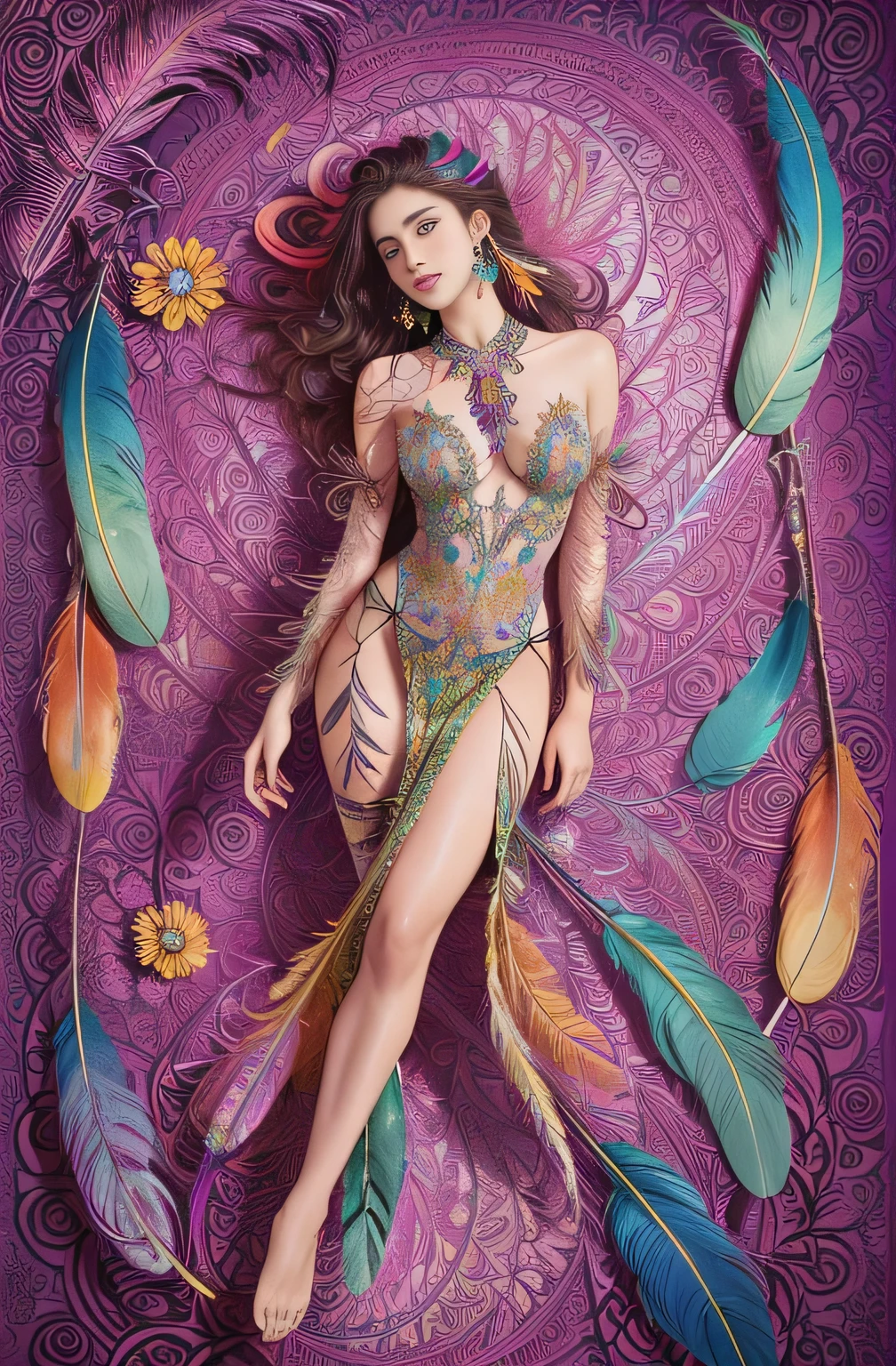 (masterpiece, top quality, best quality, official art, beautiful and aesthetic:1.2), (1girl:1.3), extremely detailed,(fractal art:1.1),(colorful:1.1)(flowers:1.3),highest detailed,(zentangle:1.2), full body, (abstract background:1.3), (shiny skin), (many colors:1.4), ,(earrings), (feathers:1.5),