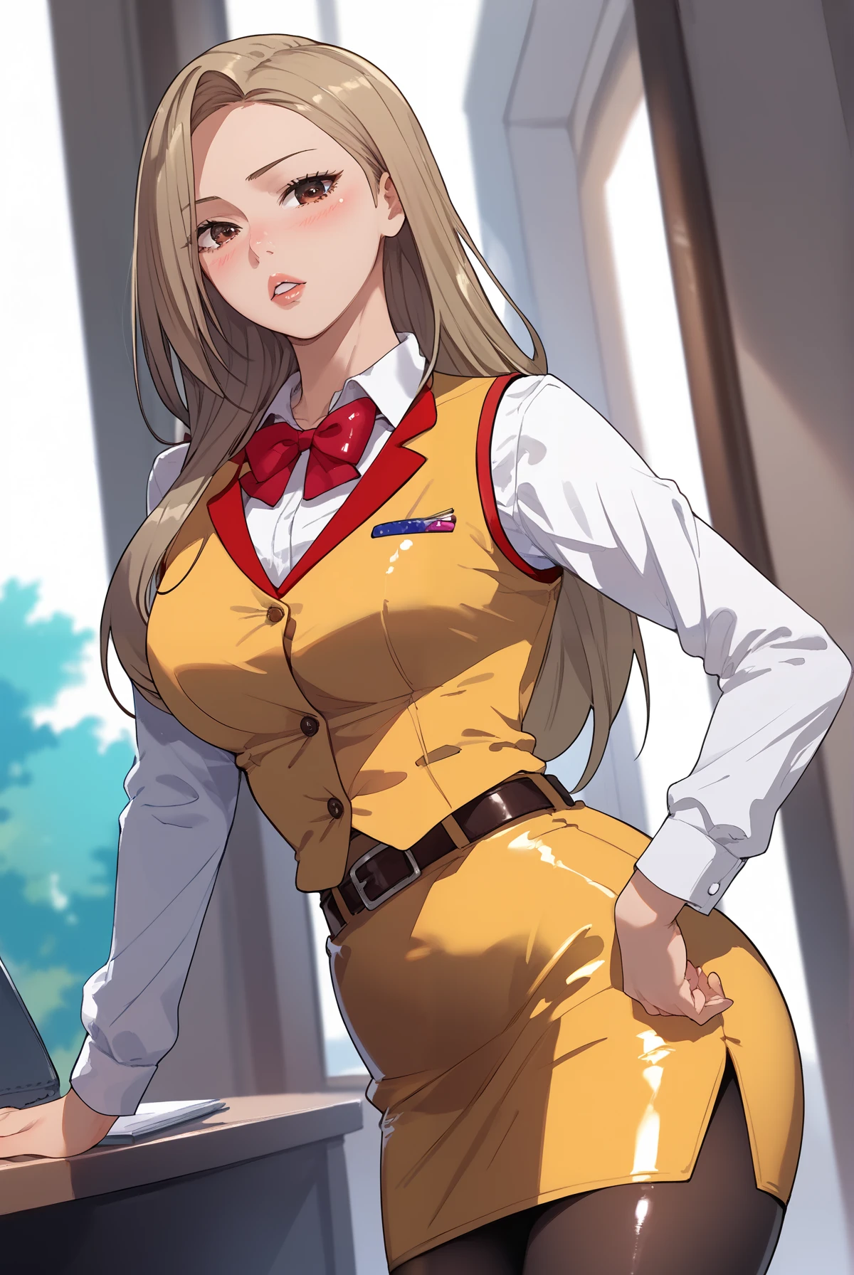 `score_9, score_8_up, score_7_up,1girl,source_anime, seiko ayase, anime style eyes, 1girl, blush,looking at viewer, teen female,parted lips, cowboy_shot, long hair, brown eyes,blonde hair, brown hair, collarbone, white skin, shiny skin, shiny clothes, belt binder, black pantyhose, long sleeves, pencil skirt, red bowtie, yellow vest, white shirt