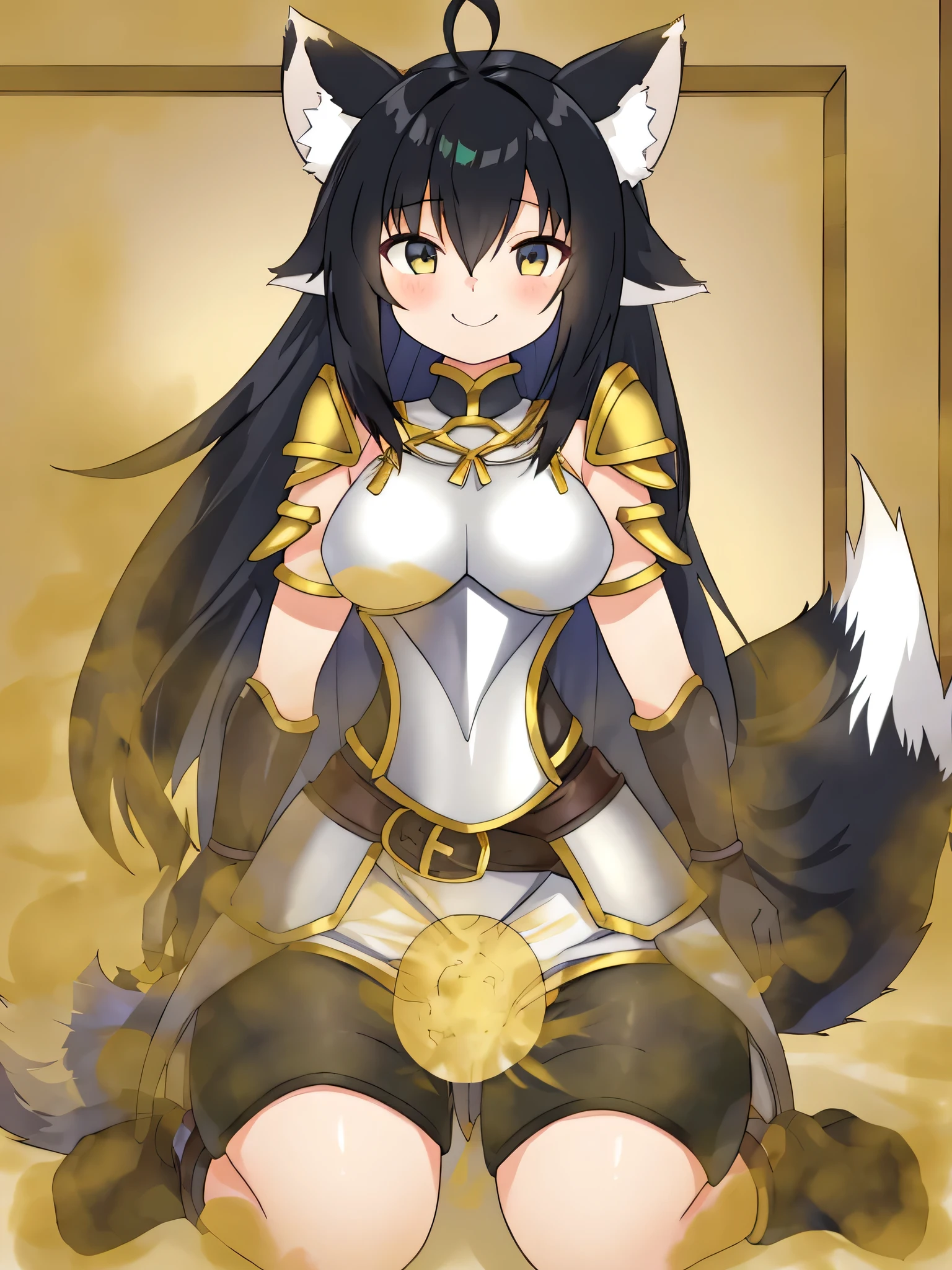 1girl, solo, masterpiece, anime, indoors, dungeon, lighty armor, shoulder armor, black hair, long hair, fox ears down, skunk tail, ahoge, hair flaps, shy, sheepish smile, shy smile, hair over eyes, sitting on a bubble smile