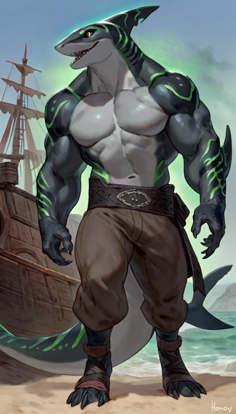 40-year-old male、Murloc、Strong body、Holding a three-pronged trident、Manipulating the sea、Dark blue short hair、Muscles、Jagged teeth、Strong smile