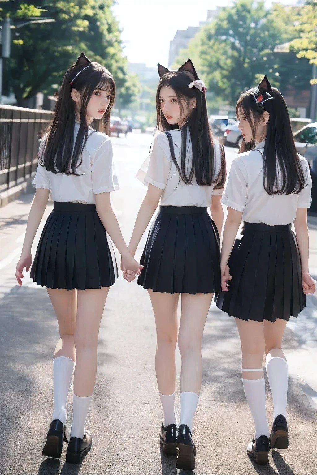 Masterpiece, 8k, Wallpaper, top-quality, High school girl, Photorealistic, 
(Light smile:1.2), (multiple girls:1.4), Harem, group photo, (Walking to school),(Cat ears:1.3), (school uniform:1.2),(blouse, check ribbon,Pleated skirt, Black ankle socks:1.3),  (Plump breast:1.1), Looking at the viewer, (Sunshine road:1.3), Cowboy shot, (From behind:1.3),