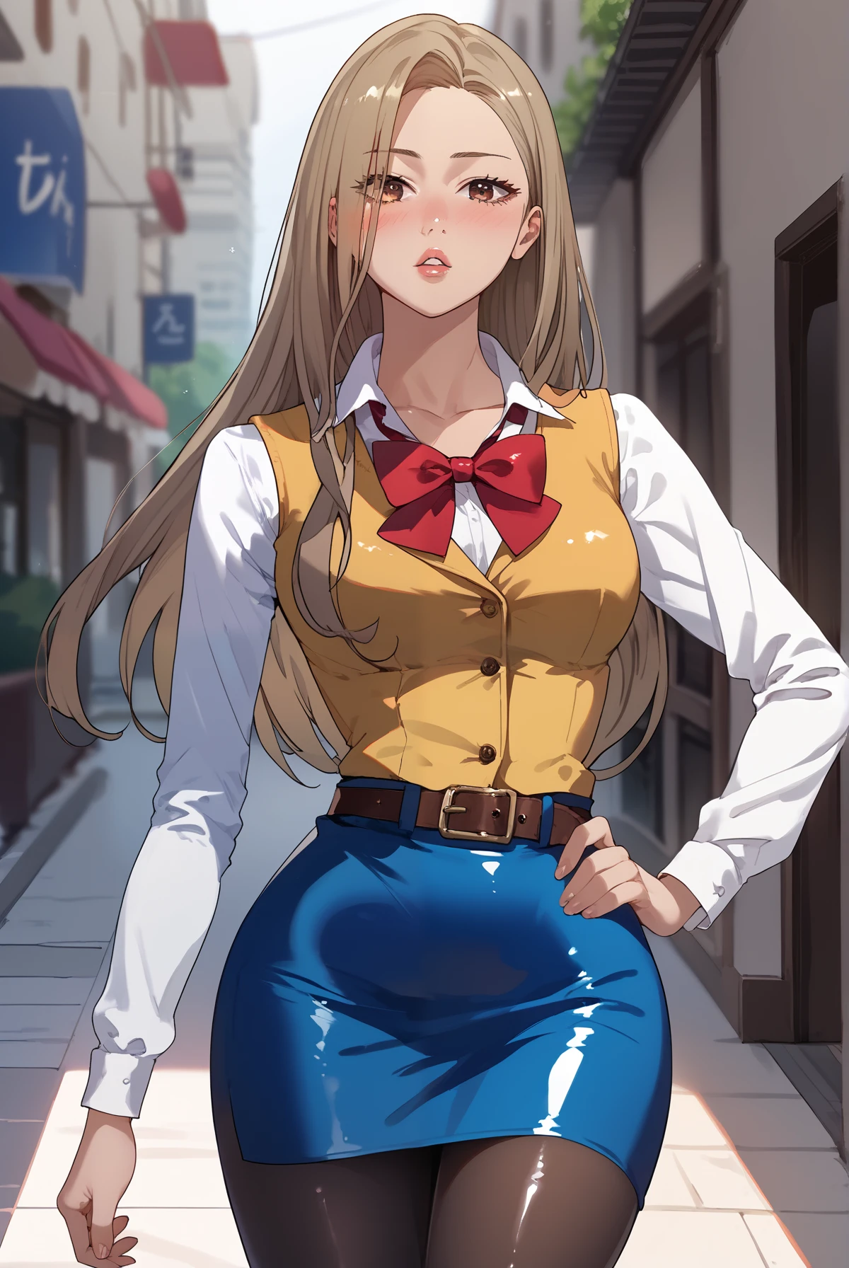 `score_9, score_8_up, score_7_up,1girl,source_anime, seiko ayase, anime style eyes, 1girl, blush,looking at viewer, teen female,parted lips, cowboy_shot, long hair, brown eyes,blonde hair, brown hair, collarbone, white skin, shiny skin, shiny clothes, belt binder, black pantyhose, long sleeves, blue pencil skirt, red bowtie, yellow vest, white shirt