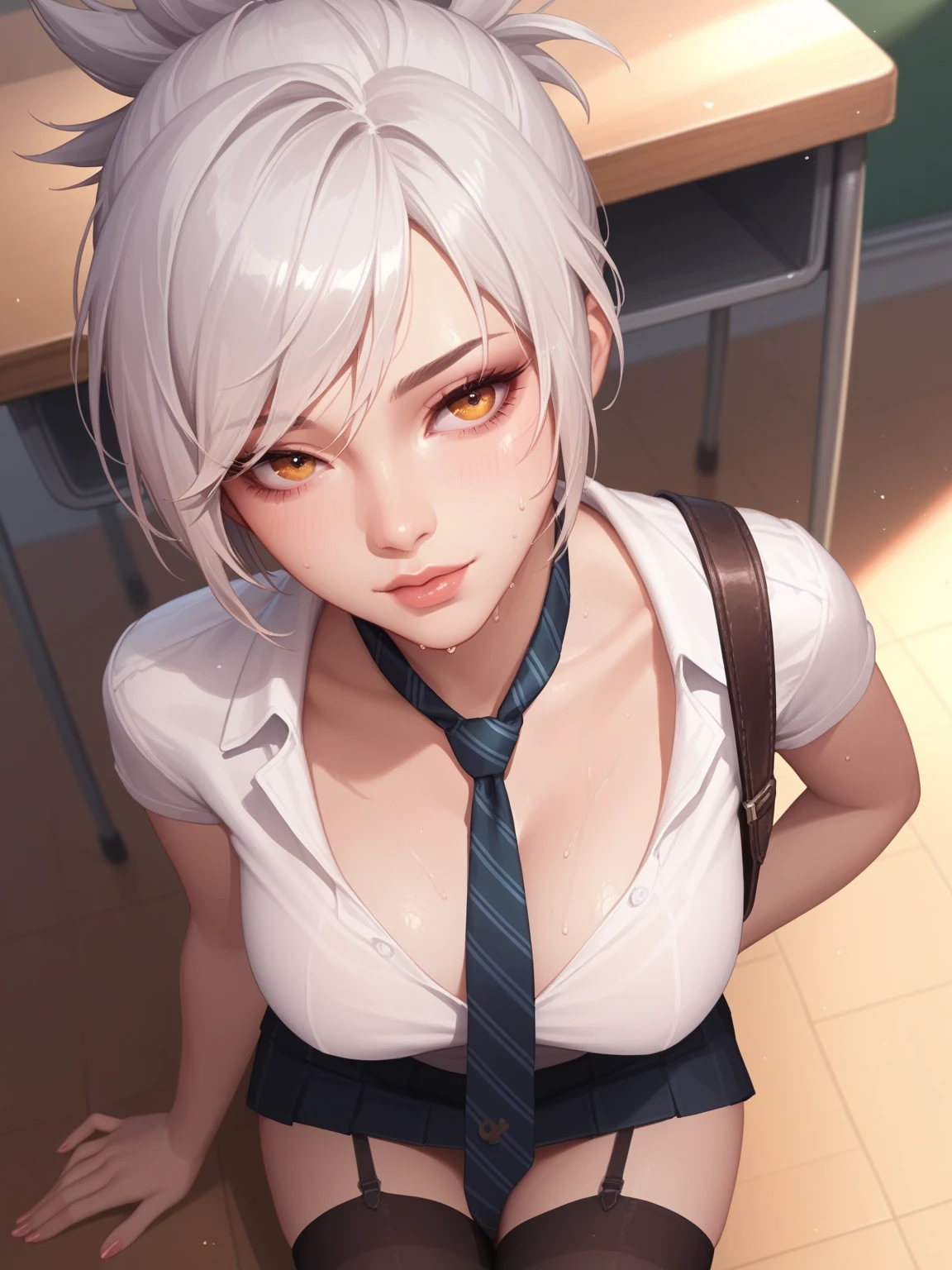 above angle, realistic, naughty girl like Riven, bored facial, necktie, sweaty, in the classroom, evening light,