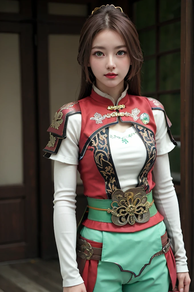 Miss,masterpiece,  actual ,   are of the highest quality ,    super detailed  , cowboy_shooting, Long hair, Brown hair, Red lips,  green eyes，Jewelry, Samurai Armor, Green Hanfu