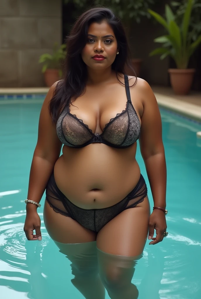 DARK SKIN, South Indian WOMAN, TALL, NAVEL, CLEAVAGE, BUSTY, FAT, VOLUPTUOUS, CHUBBY, PLUMP BELLY, LOVE HANDLES, BLACK BRA, BLACK LEGGINGS, BUN HAIR, REALISTIC, PHOTOGRAPHY, LOOKING DOWN, ROUND BLACK SPECTACLES, FIELDS BACKGROUND,