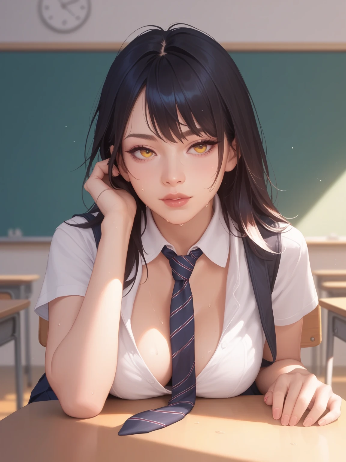 full angle, realistic, naughty girl like Sejuani, bored facial, necktie, sweaty, in the classroom, evening light,