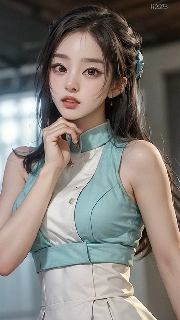 (masterpiece), (Top), ( High Quality Details ), (illustration), ( City Hall 1 Female  ),  above the bet , (Interview),  beautiful ,  detailed eyes, 섬세하고  beautiful  얼굴, Floating , (High saturation), (shining),  blue sky, 밝고  beautiful  얼굴,  Her skin is young, radiant, , Fair and shining, Top appearance, 매우  beautiful ,  Her big eyes are shining in a clear blue sky and staring at the audience, 아름답고 놀랍도록  beautiful  소녀가 관람객을 응시하고 있습니다,