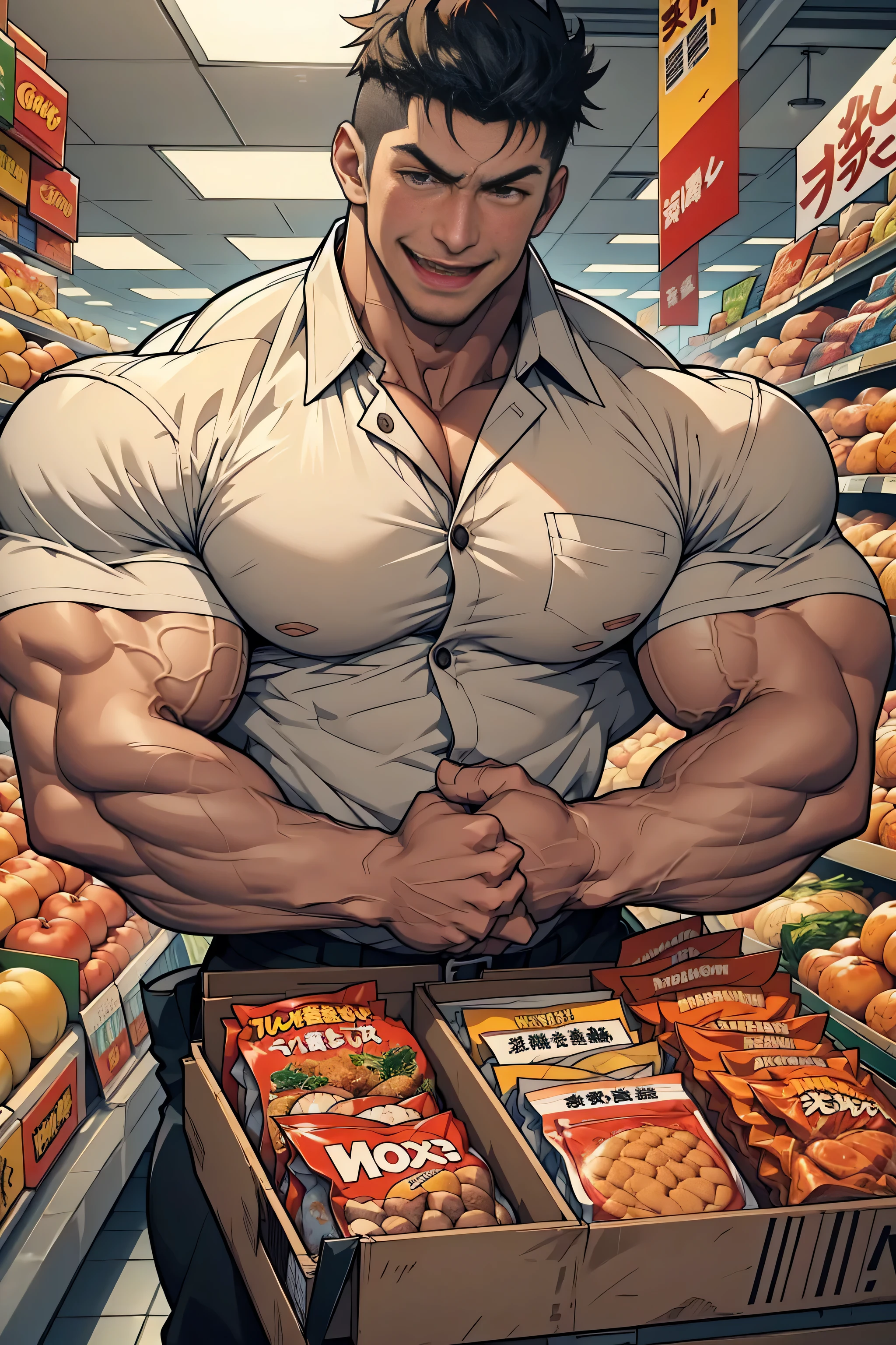 Chest-up shot,(( best quality)), ((masterpiece)), ( Details),  perfect face, High Definition ,masterpiece,4K,Impossibly , Macho supermarket clerk ,Wearing uniform, Wear clothes beautifully , open collar shirt,Chest buttons won't close ,An unnaturally muscular Japanese man , 20 years old,  open your mouth wide and laugh,smile, huge musclesに力を込めて膨らませる, huge muscles!!!!!,Very thick arms!!!!!, Very broad shoulders !!!!!,Mukimukiman 