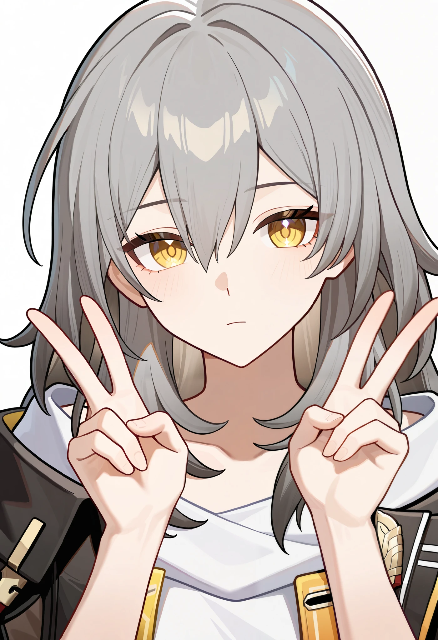 1girl, stelle\(honkai: star rail\), honkai: star rail, masterpiece, best quality, very aesthetic, absurdres, sensitive, yellow eyes, jacket, double v, hands up, expressionless, white background