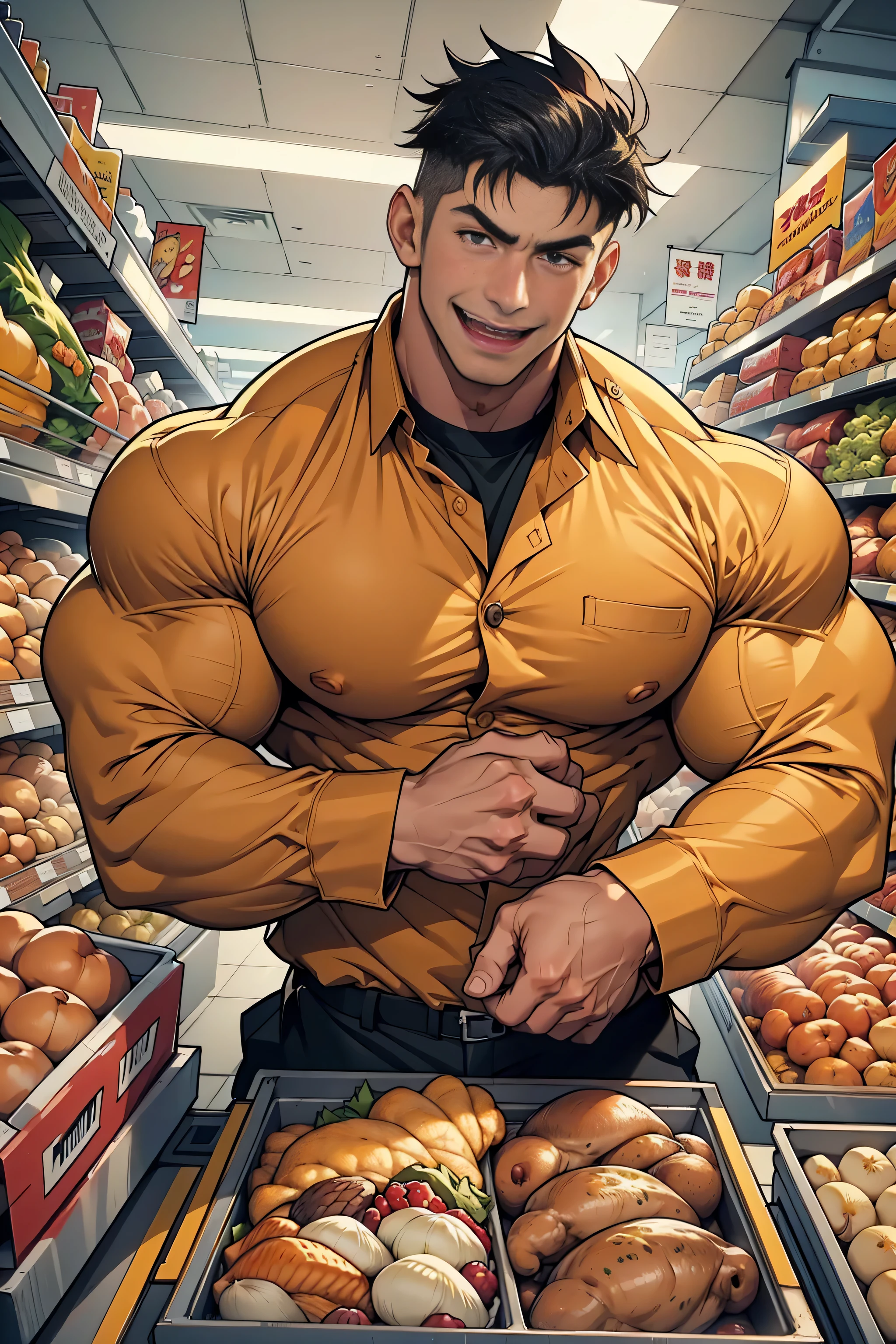 Chest-up shot,(( best quality)), ((masterpiece)), ( Details),  perfect face, High Definition ,masterpiece,4K,Impossibly , Macho supermarket clerk ,Wearing uniform, dressed nicely, open collar shirt,Chest buttons won't close ,An unnaturally muscular Japanese man , 20 years old,  open your mouth wide and laugh,smile,Put effort into huge muscles to inflate