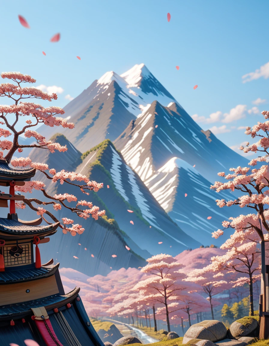 (((Masterpiece))), Best Quality, High-resolution photograph, Sharp details,Create a photo of a master Oogway (wise and old turttle), with his staff from Kung fu panda, ((Master Oogway)), Scene is set on a mountain tops with cherry blossom tree. Absolutely stunning scenery, mountain tops through clouds, depth of field. (extremely intricate:1.3), 4k, 8k