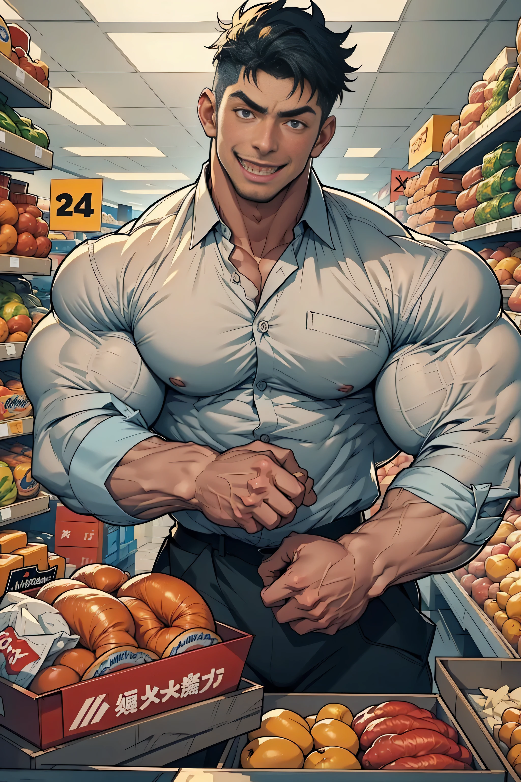 Chest-up shot,(( best quality)), ((masterpiece)), ( Details),  perfect face, High Definition ,masterpiece,4K,Impossibly , Macho supermarket clerk ,Wearing uniform, dressed nicely, open collar shirt,Chest buttons won't close ,Put strength into your muscles and your clothes are full,An unnaturally muscular Japanese man , 20 years old,  open your mouth wide and laugh,smile, unnaturally muscular white male {x} hypertrophied physique beyond human limits. Big bulging muscles ,  close to biceps and pecs ,