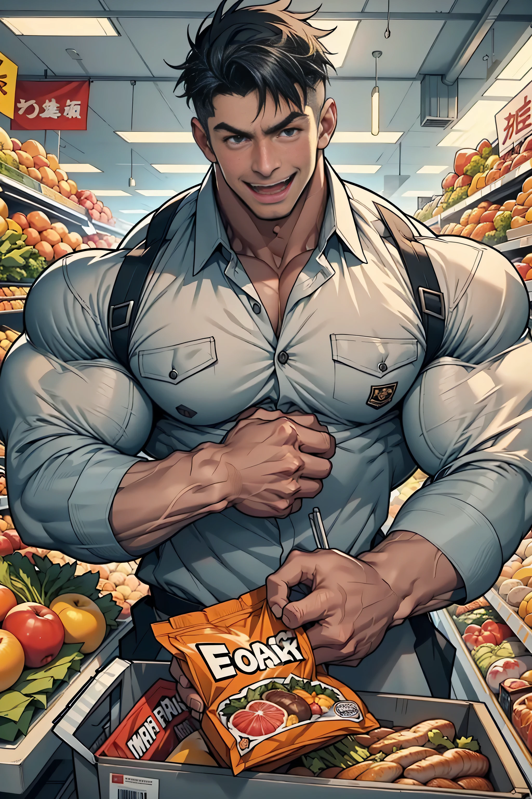 Chest-up shot,(( best quality)), ((masterpiece)), ( Details),  perfect face, High Definition ,masterpiece,4K,Impossibly , Macho supermarket clerk ,Wearing uniform, dressed nicely, open collar shirt,Chest buttons won't close ,An unnaturally muscular Japanese man , 20 years old,  open your mouth wide and laugh,smile, unnaturally muscular white male {x} hypertrophied physique beyond human limits. Big bulging muscles ,  close to biceps and pecs ,