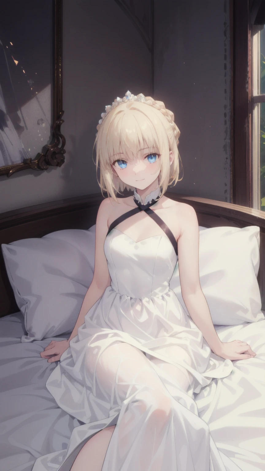 sitting on bed, a girl, upper body, viewer from above, (saber lily), blonde hair, black hair bow, ponytail, detached collar, black bowtie, bare shoulders, white dress, white gloves, black pantyhose, black high heels, (blush:1.2), Expressionless, lily
<lora:SaberLily:0.7>