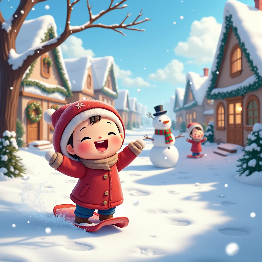  ren's cartoon , beautiful colors,  Beautiful Color Palettes ,  Playing Snowballs in a Snowy Village There's a Snowman and Garland-Decorated Houses,  Sledding and Having Fun ,  Laughter and Joy on ren's Faces ,  Everyone Is Wearing Warm Clothes with Hats ,  A Beautiful Village with a Frozen Lake in the Distance , 8 k,  Best quality, ultra details,  Complex Details ,  lots of details, masterpiece, delight, Praise ,