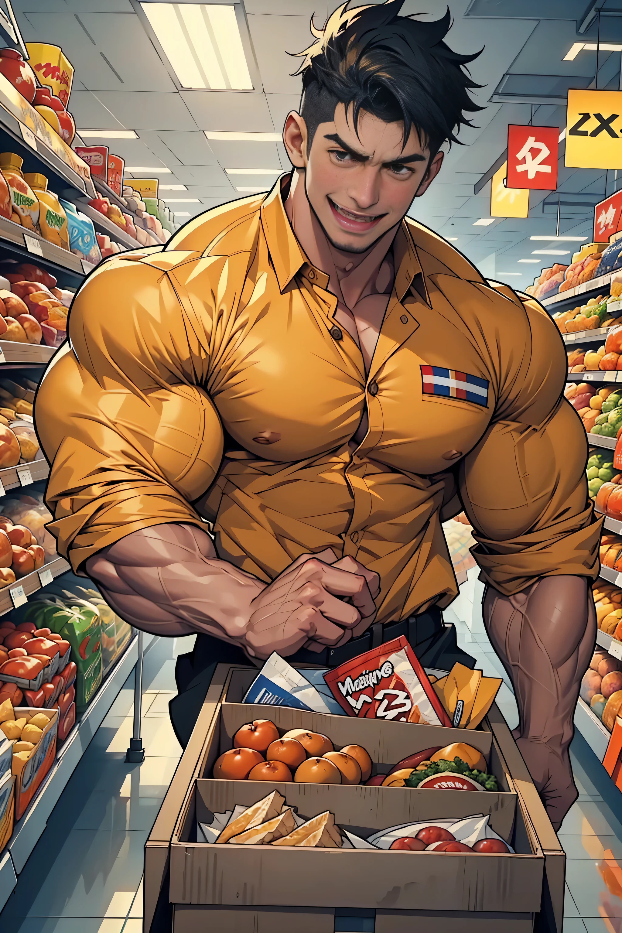 Chest-up shot,(( best quality)), ((masterpiece)), ( Details),  perfect face, High Definition ,masterpiece,4K,Impossibly , Macho supermarket clerk ,Wearing uniform, dressed nicely, open collar shirt,Chest buttons won't close ,An unnaturally muscular Japanese man , 20 years old,  open your mouth wide and laugh,smile, unnaturally muscular white male {x} hypertrophied physique beyond human limits. Big bulging muscles ,  close to biceps and pecs ,