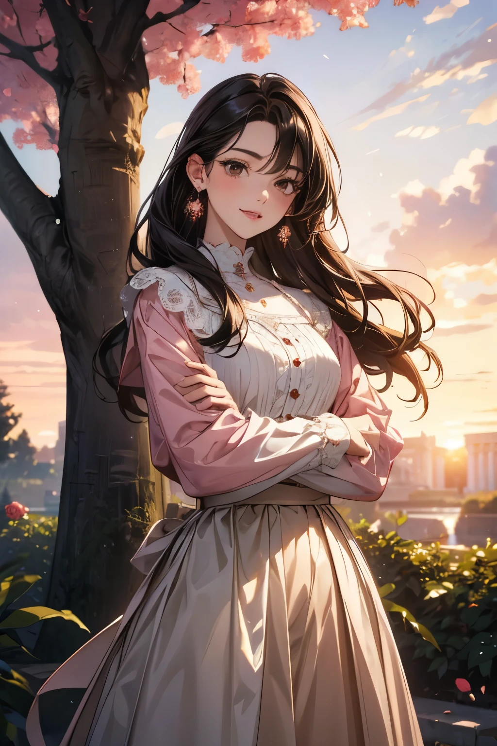 (masterpiece, best quality), 1 woman with period costumes 1889, solo, outdoors, day, sky, looking at the viewer, cloud, brown eyes, light wavy hair, two-tone hair, collared shirt, single front, upper body, blue sky, depth of field, light smile,